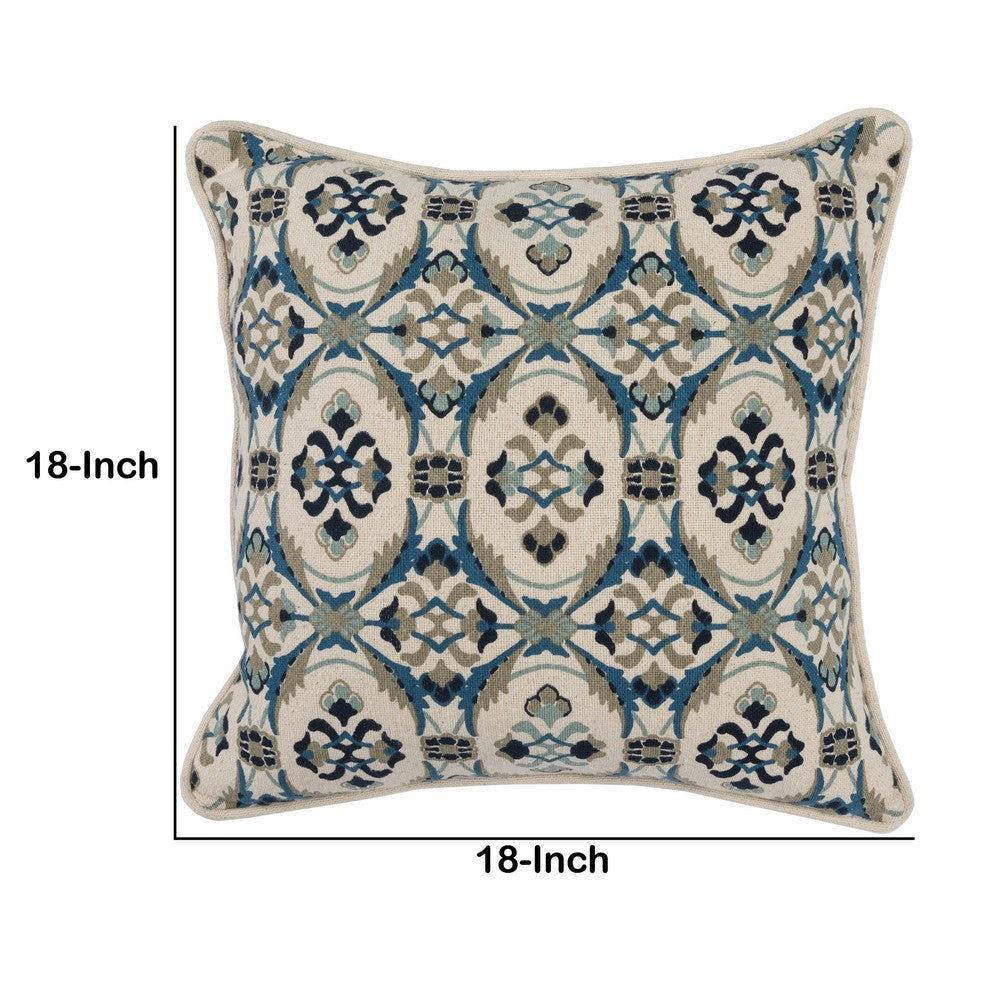 Fabric Throw Pillow with Medallion Print Cream and Blue By Casagear Home BM228869