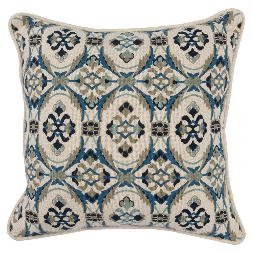 Fabric Throw Pillow with Medallion Print, Cream and Blue By Casagear Home