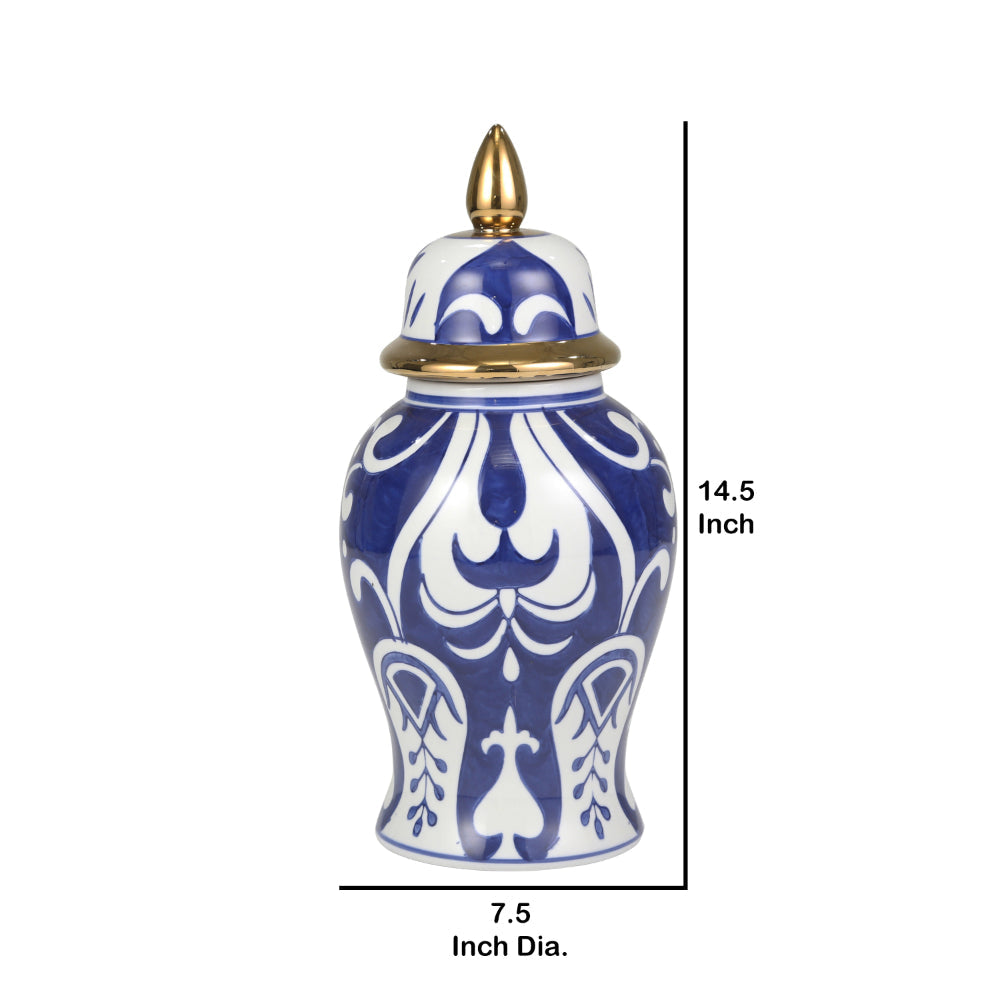 Urn Shaped Ceramic Jar with Lid and Gold Accent Blue By Casagear Home BM228952