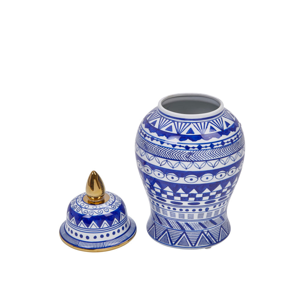 14.5 Inch Urn Shaped Ceramic Jar with Lid and Gold Accent Blue By Casagear Home BM228954