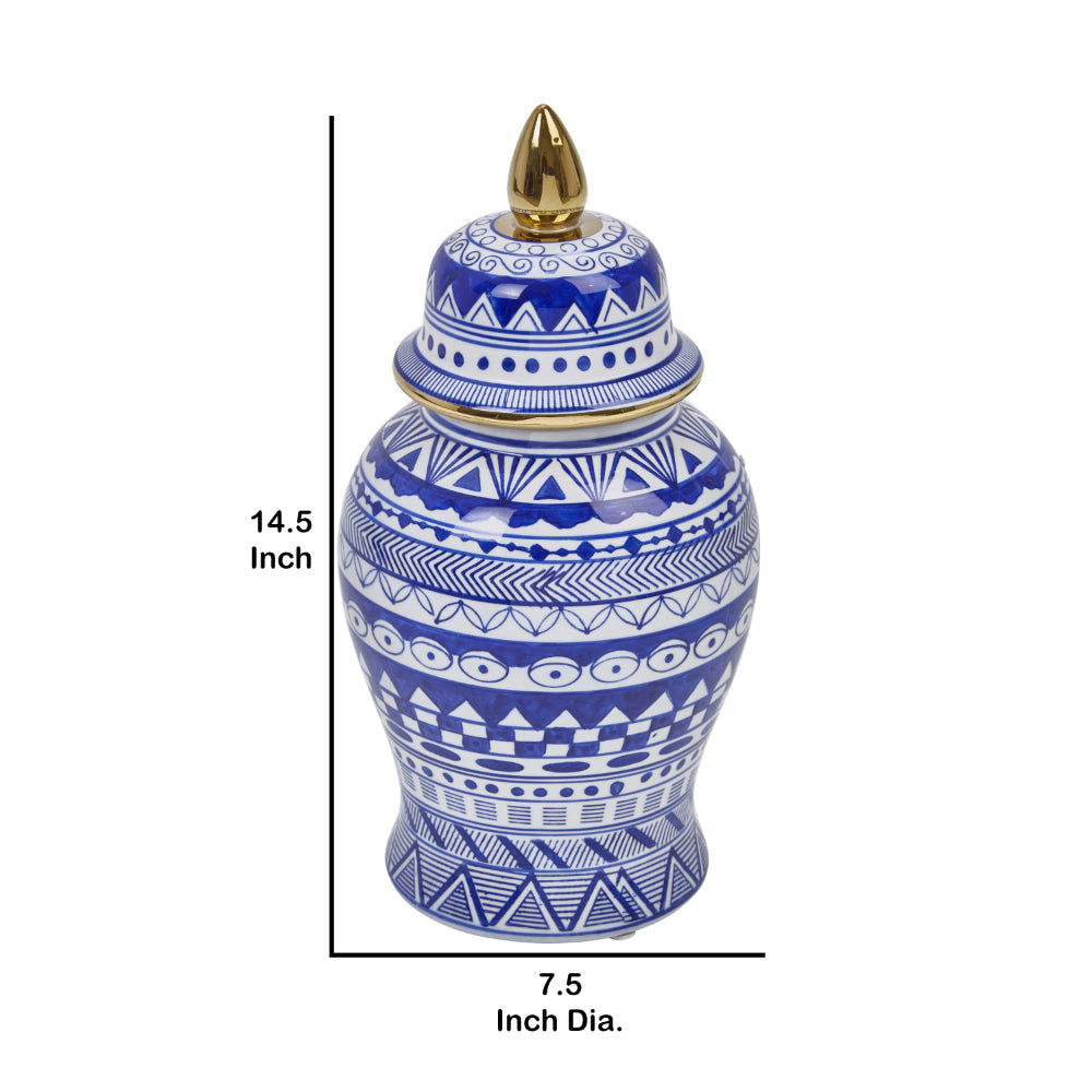 14.5 Inch Urn Shaped Ceramic Jar with Lid and Gold Accent Blue By Casagear Home BM228954