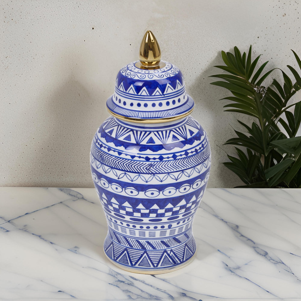 14.5 Inch Urn Shaped Ceramic Jar with Lid and Gold Accent, Blue By Casagear Home