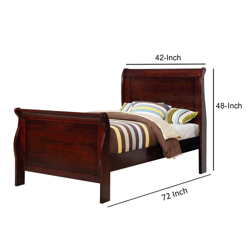 Twin Size Wooden Sleigh Bed with Panel Legs Cherry By Casagear Home BM229171