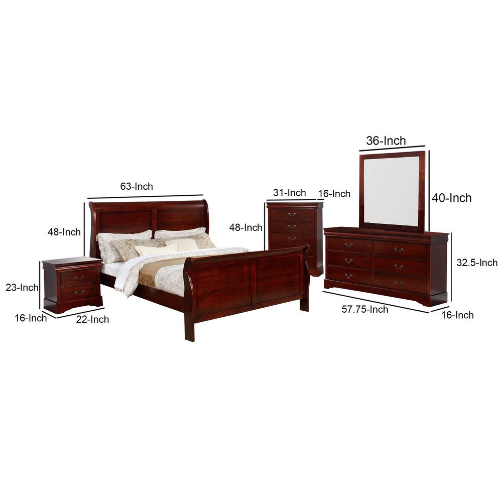 Queen Size Sleigh Wooden 5 Piece Bedroom Set Cherry By Casagear Home BM229178