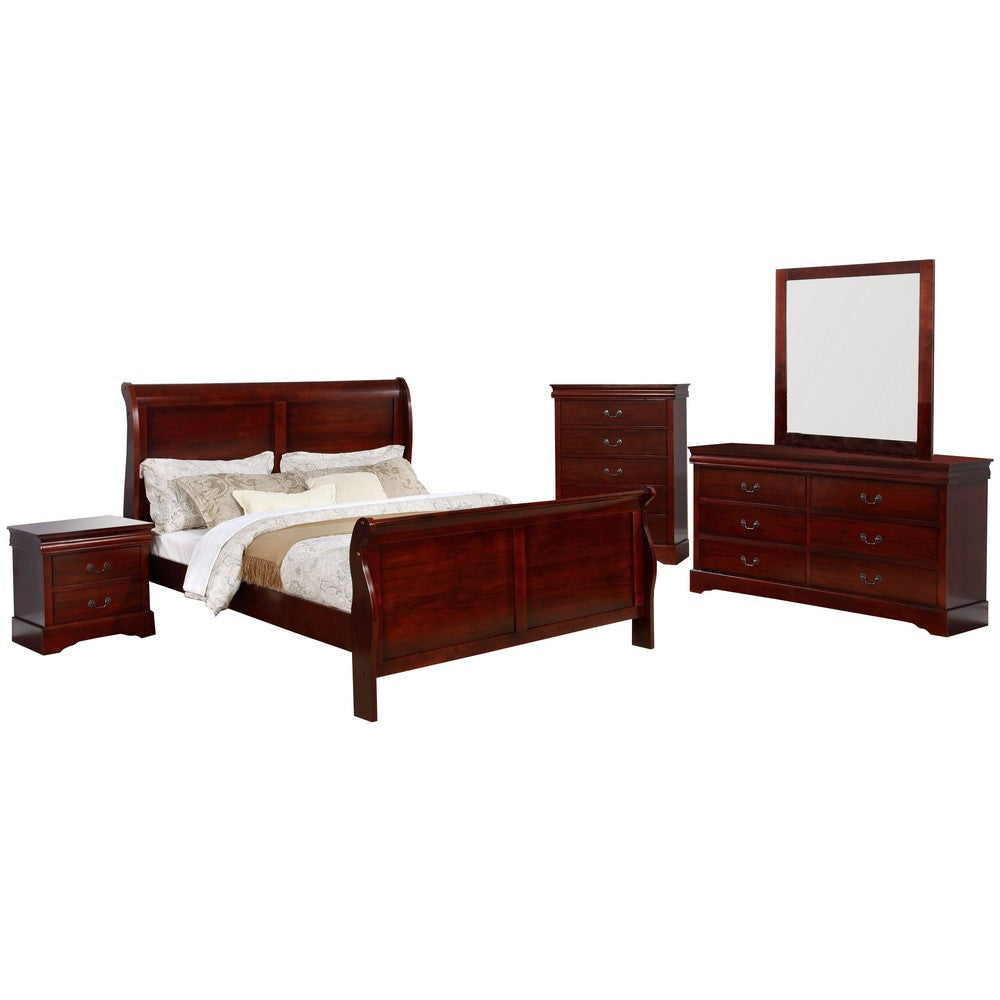 Queen Size Sleigh Wooden 5 Piece Bedroom Set, Cherry By Casagear Home