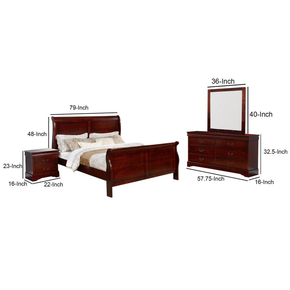 King Size Sleigh Wooden 4 Piece Bedroom Set Cherry By Casagear Home BM229179