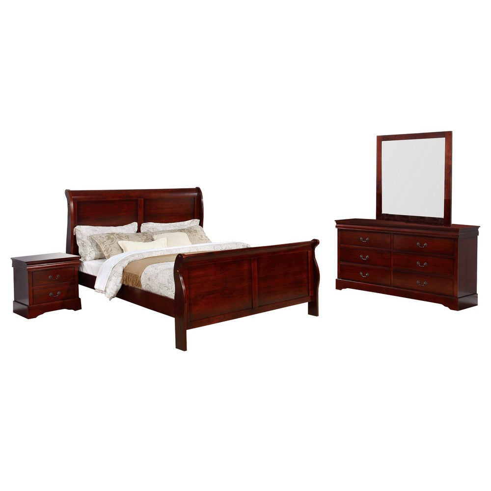 King Size Sleigh Wooden 4 Piece Bedroom Set, Cherry By Casagear Home