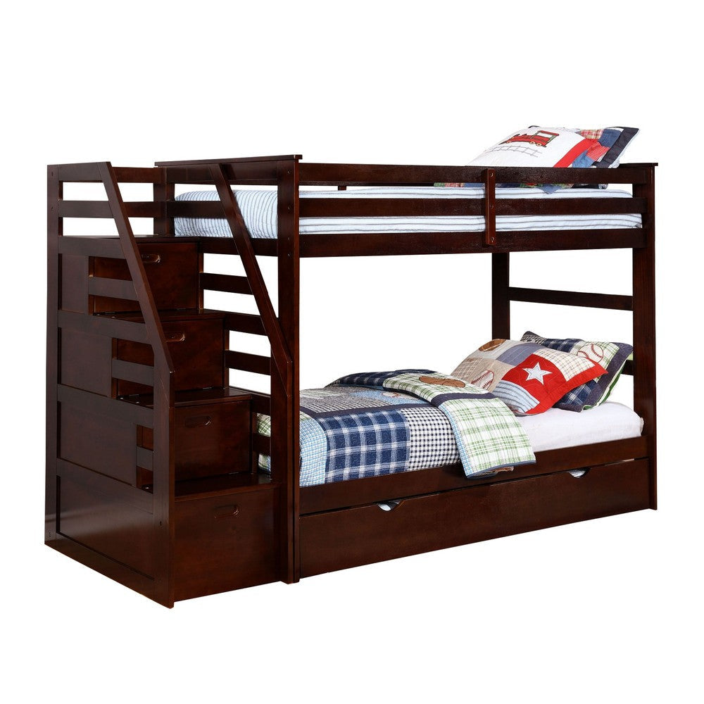 4 Storage Wooden Twin Over Twin Bunk Bed with Staircase Dark Brown By Casagear Home BM229200