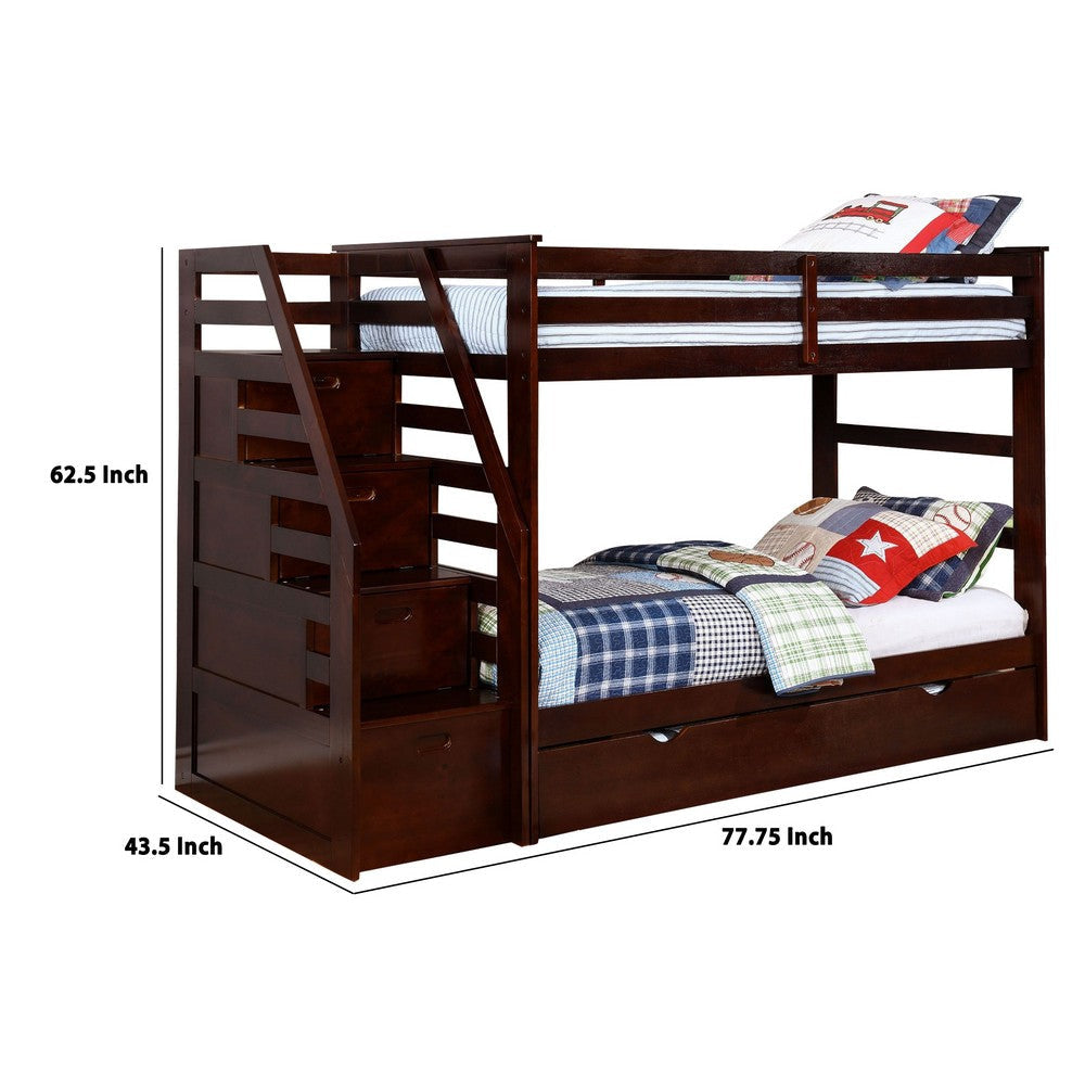 4 Storage Wooden Twin Over Twin Bunk Bed with Staircase Dark Brown By Casagear Home BM229200