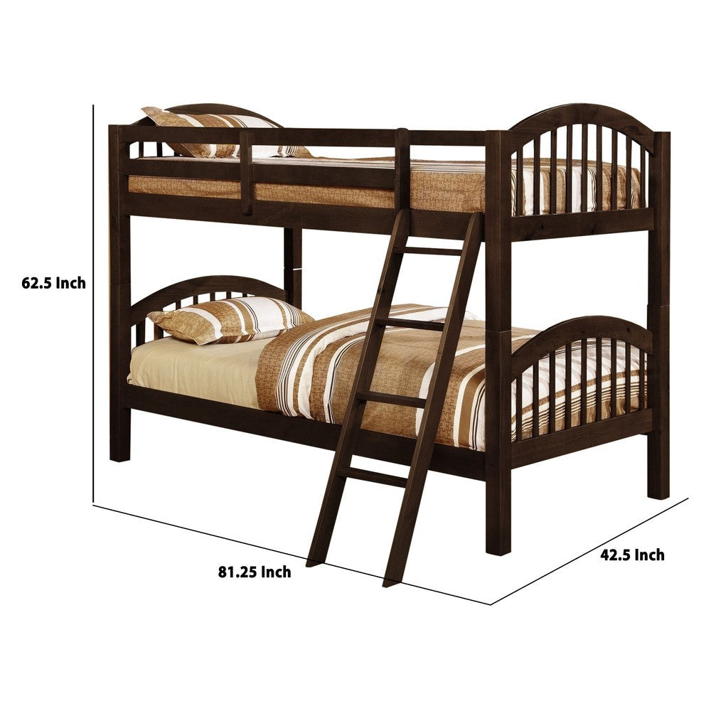 Wooden Twin Over Twin Bunk Bed with Slatted Arched Headboard Dark Brown By Casagear Home BM229207