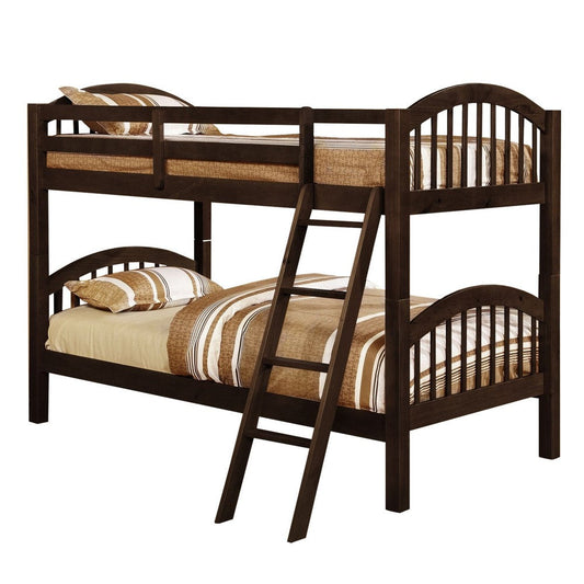 Wooden Twin Over Twin Bunk Bed with Slatted Arched Headboard, Dark Brown By Casagear Home