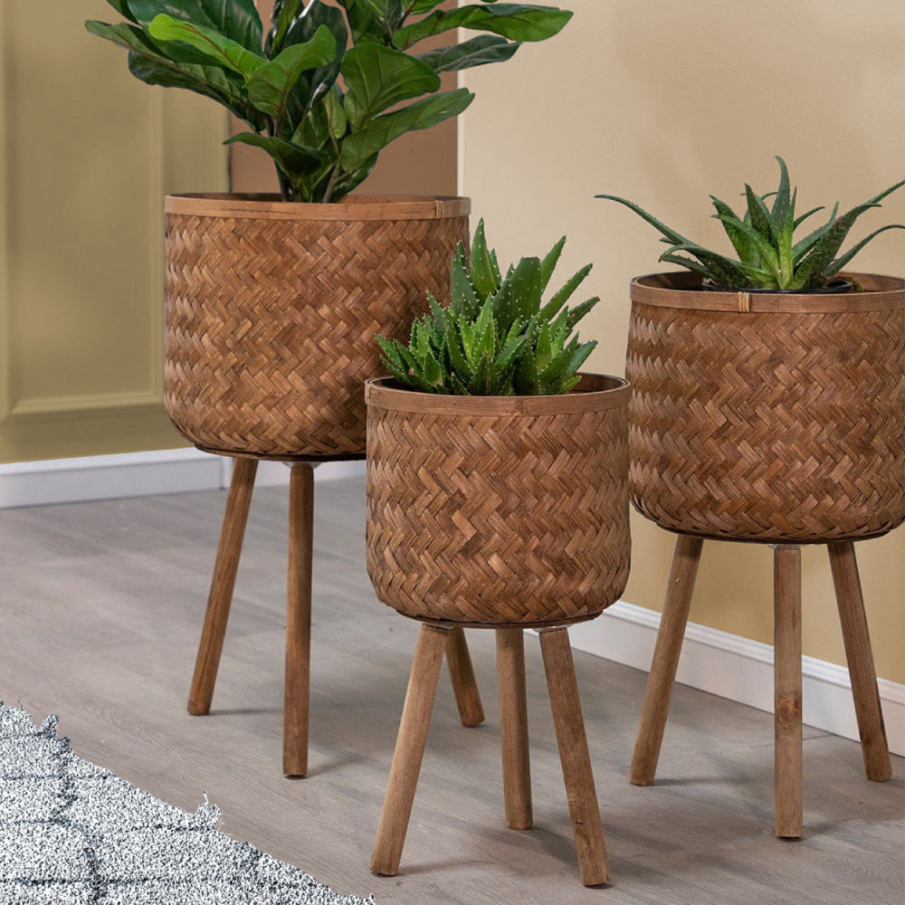 14.75" Bamboo Planters with Tripod Legs, Set of 3, Brown By Casagear Home