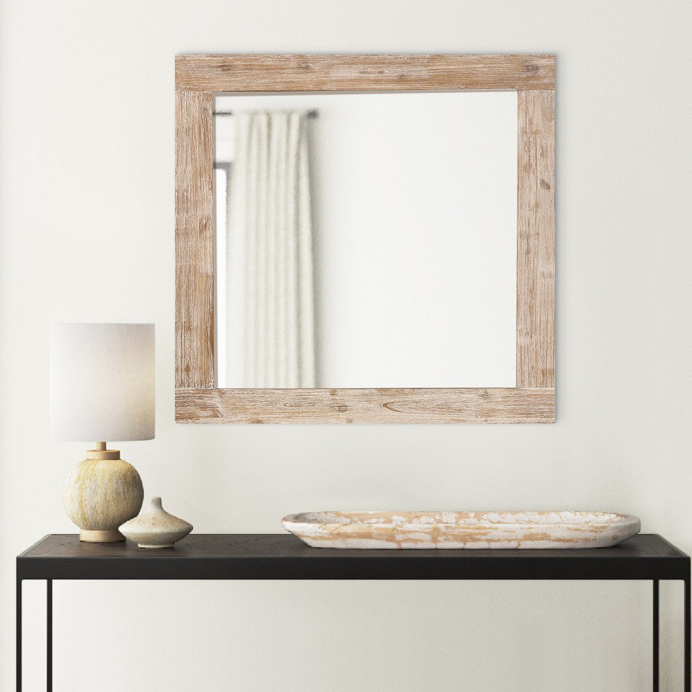 Wooden Frame Mirror with Hewn Saw Details Light Brown By Casagear Home BM230384