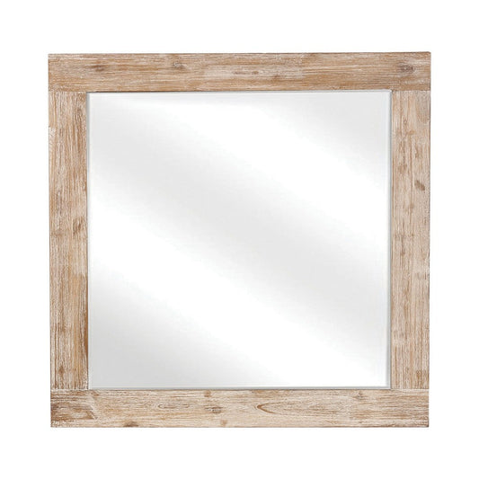 Wooden Frame Mirror with Hewn Saw Details, Light Brown By Casagear Home