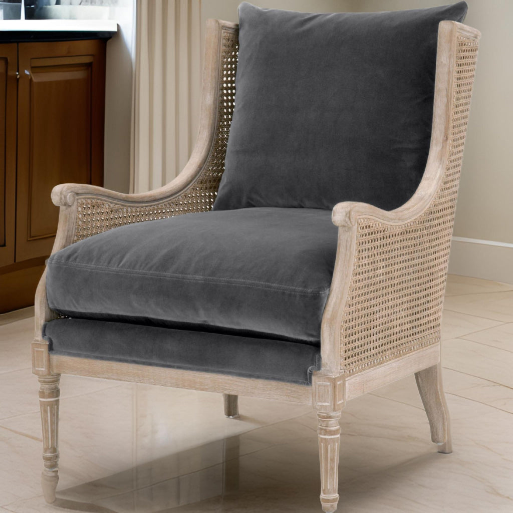 Wooden Cane Frame Club Chair with Padded Seat Gray and Brown By Casagear Home BM230445