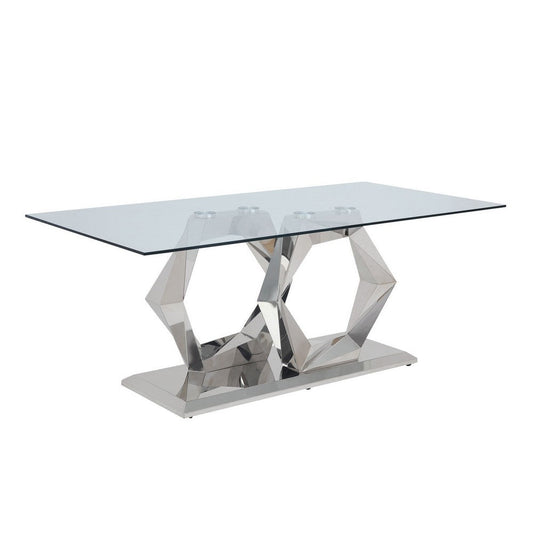 Glass Top Dining Table with Steel Double Hexagonal Base, Chrome By Casagear Home