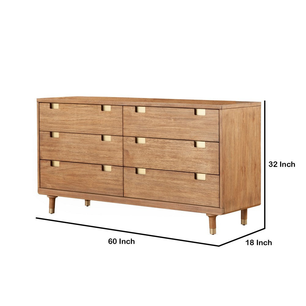 60 Inch 6 Drawer Wooden Dresser with Cutout Pulls Brown By Casagear Home BM230758