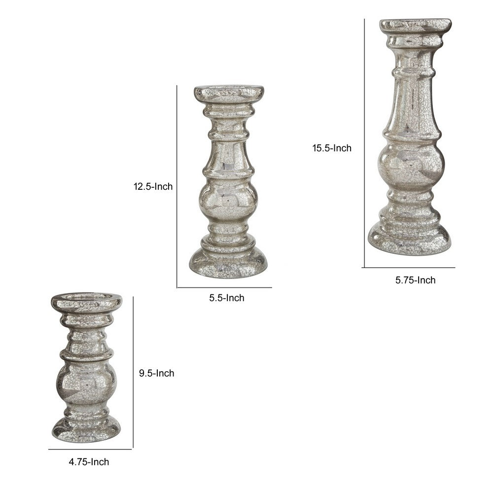 Glass Candleholder with Pedestal Base Set of 3 Silver By Casagear Home BM230978