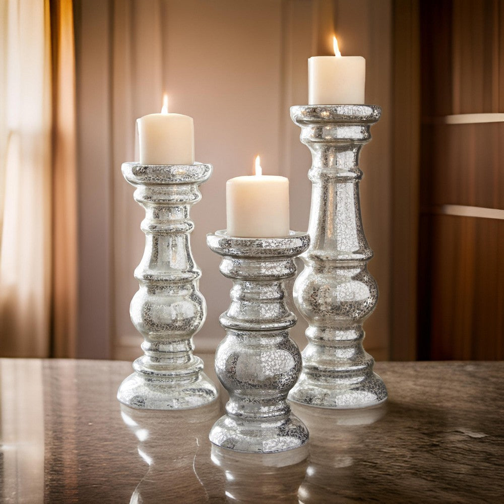 Glass Candleholder with Pedestal Base, Set of 3, Silver By Casagear Home