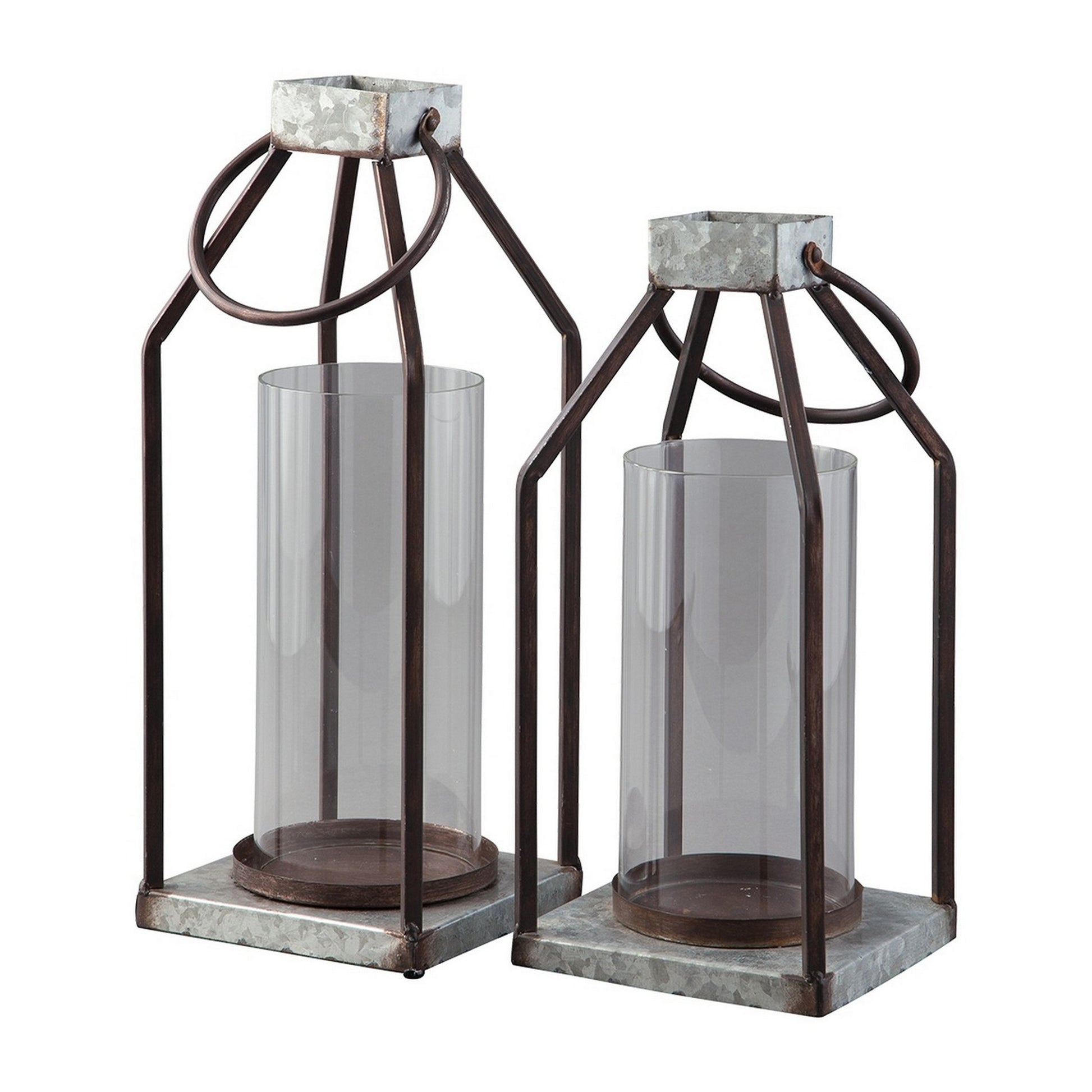 Geometric Lantern with Glass Hurricane,Set of 2,Black & Gray By Casagear Home