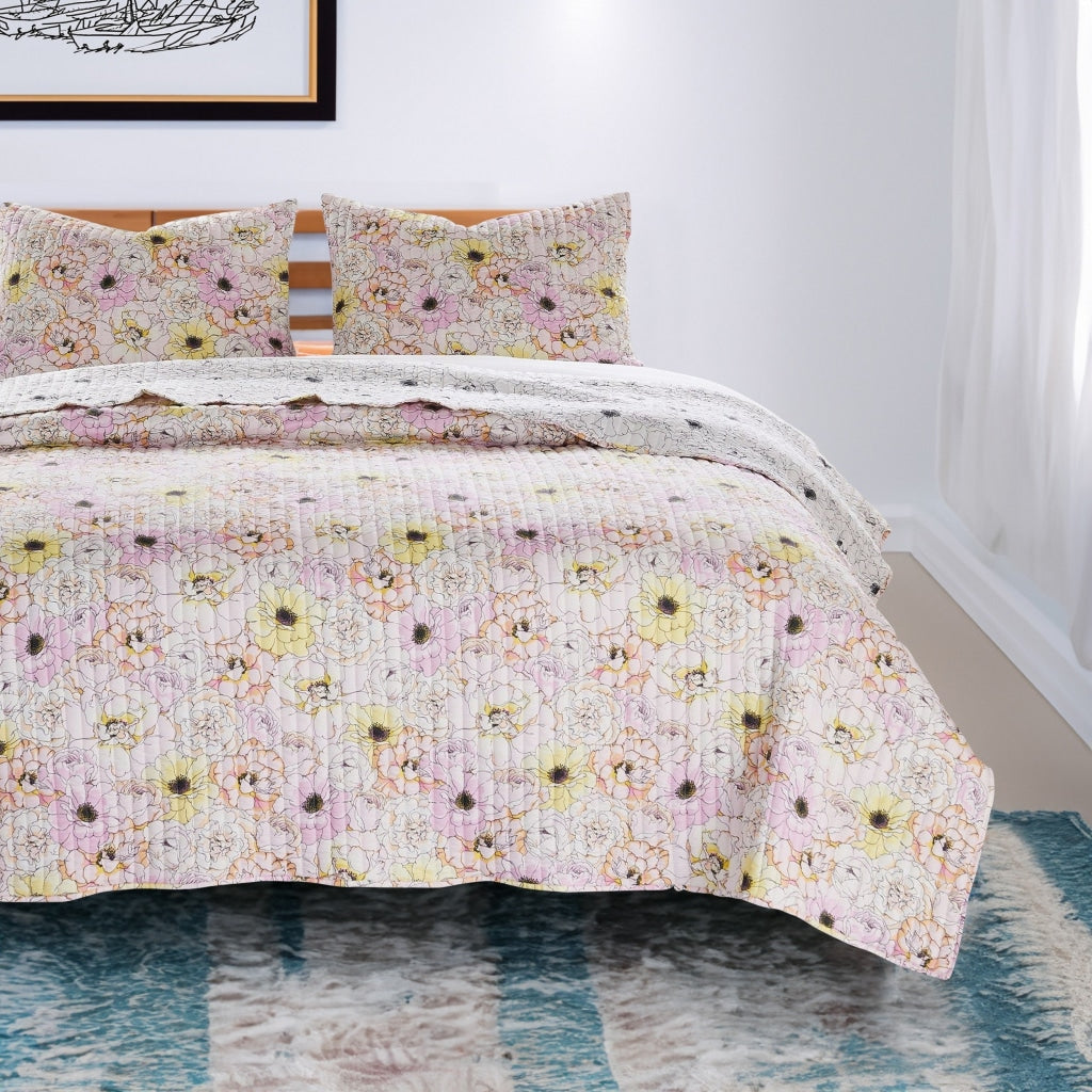 Milan 3 Piece Blooming Flowers Queen Quilt Set, White and Pink By Casagear Home