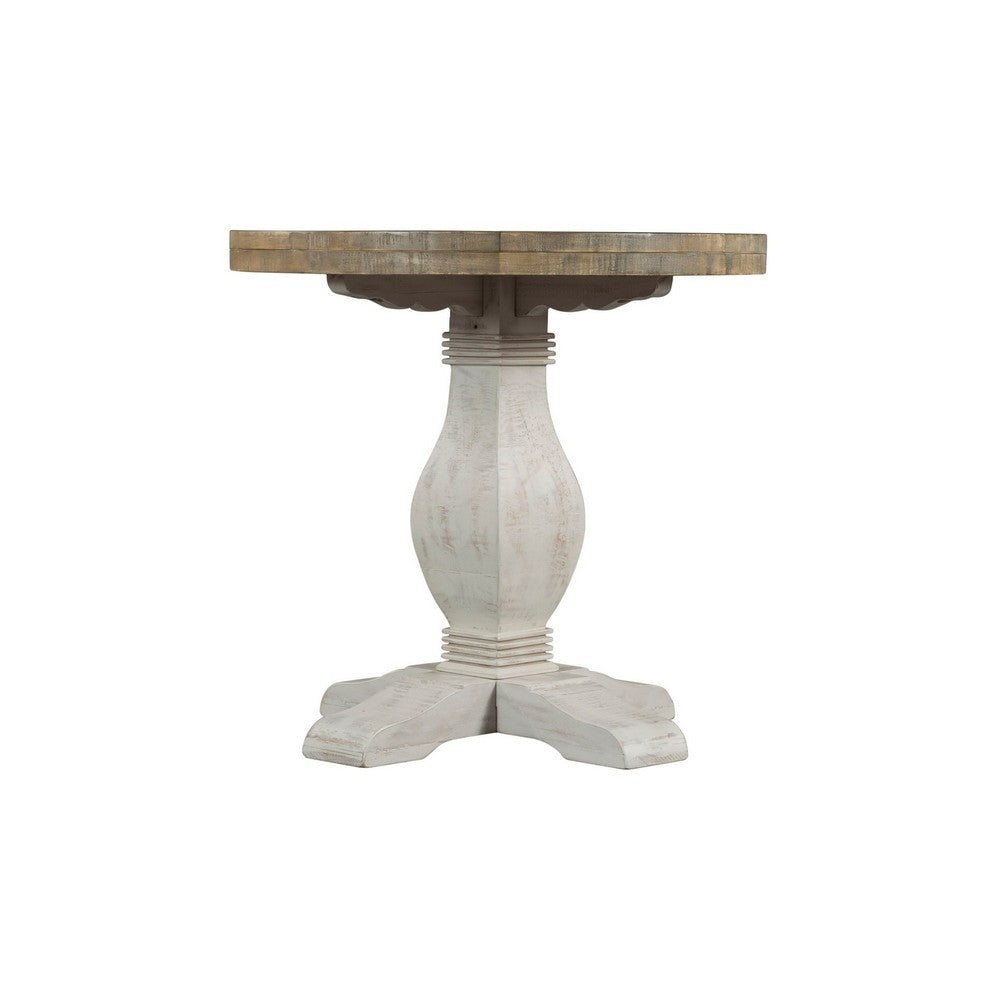 26 Inch Round End Table with Pedestal Base Brown and White By Casagear Home BM231162