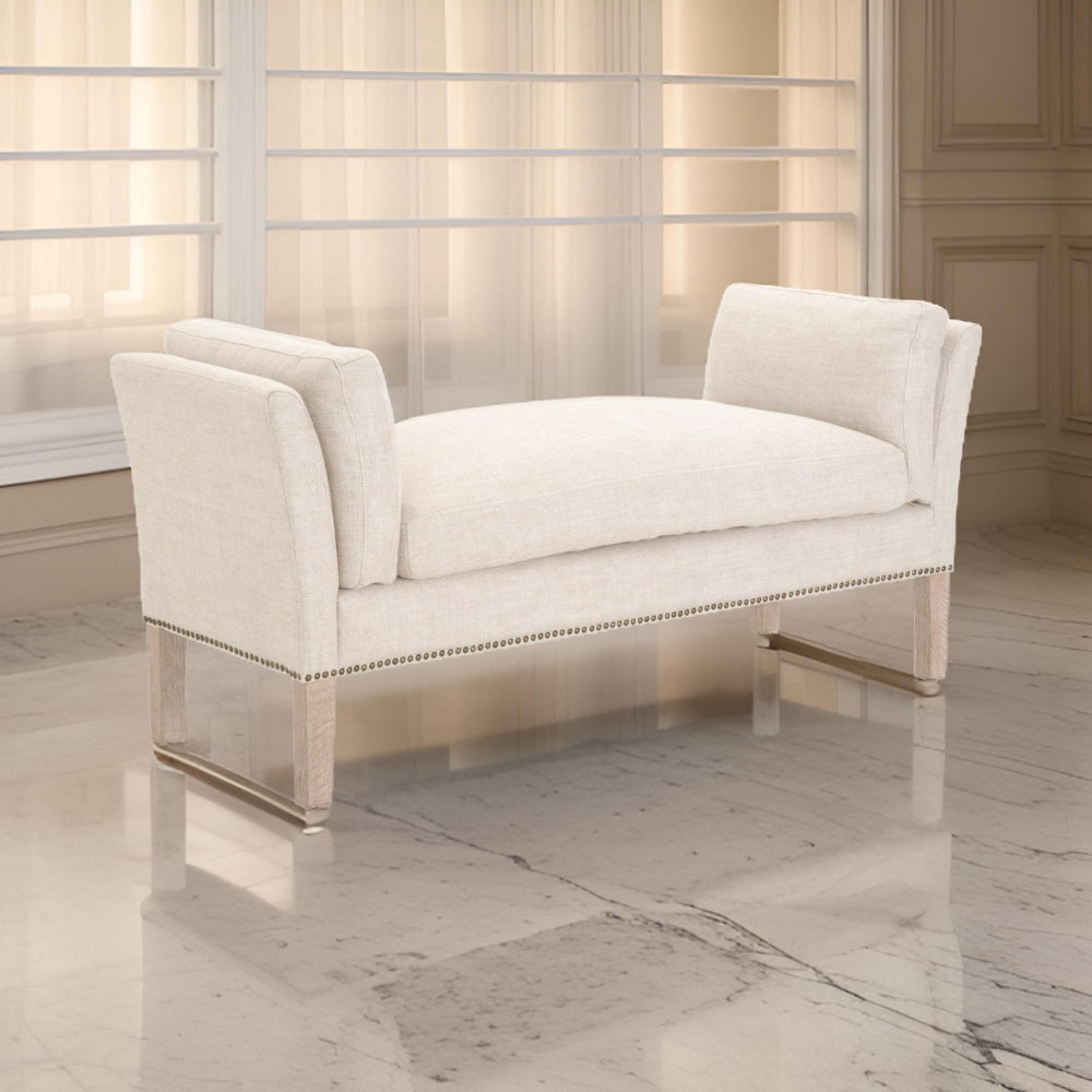 Padded Fabric Bench with Flared Arms and Nailhead Trim, Beige By Casagear Home