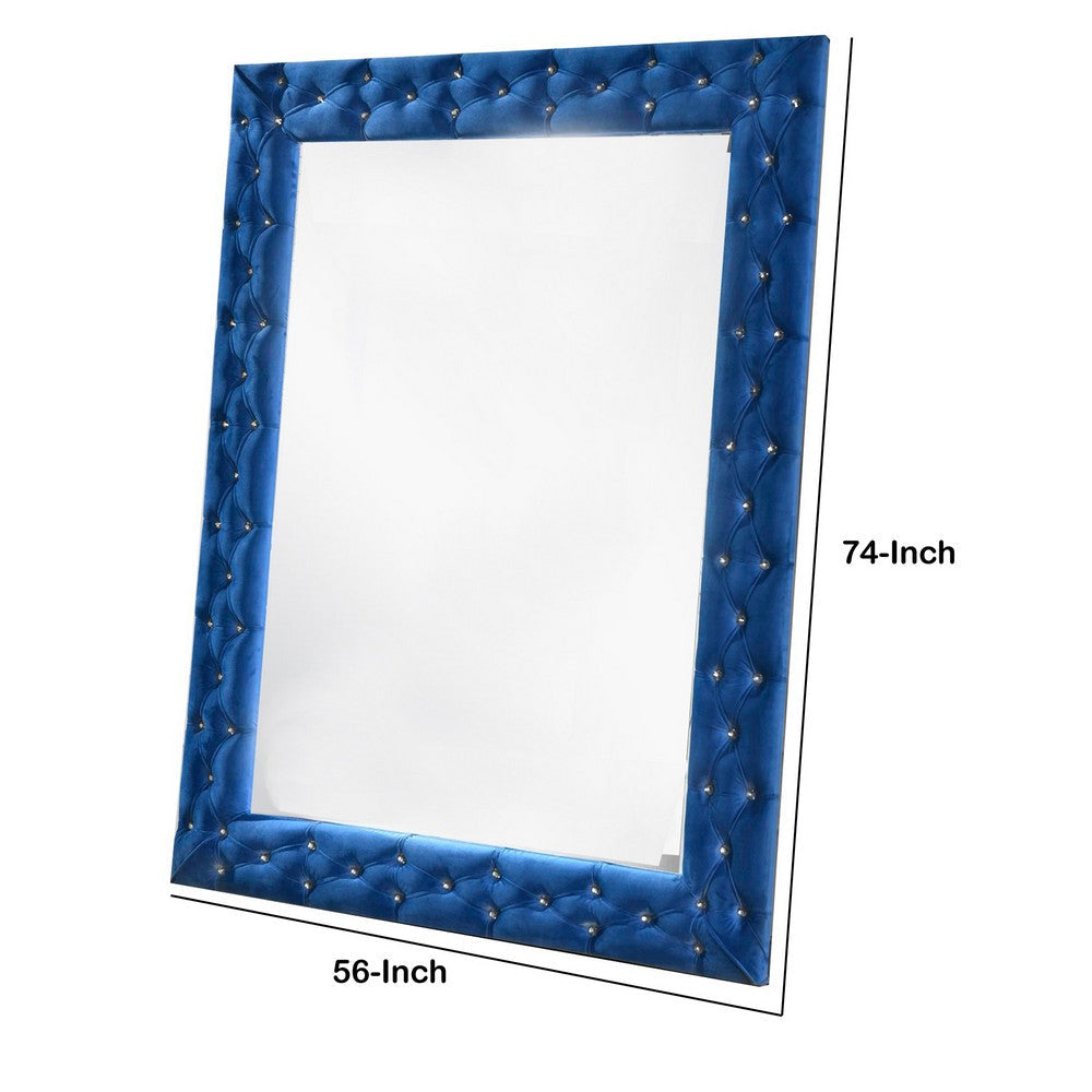 Velvet Wrapped Wooden Frame Mirror with Button Tufting Blue By Casagear Home BM231654