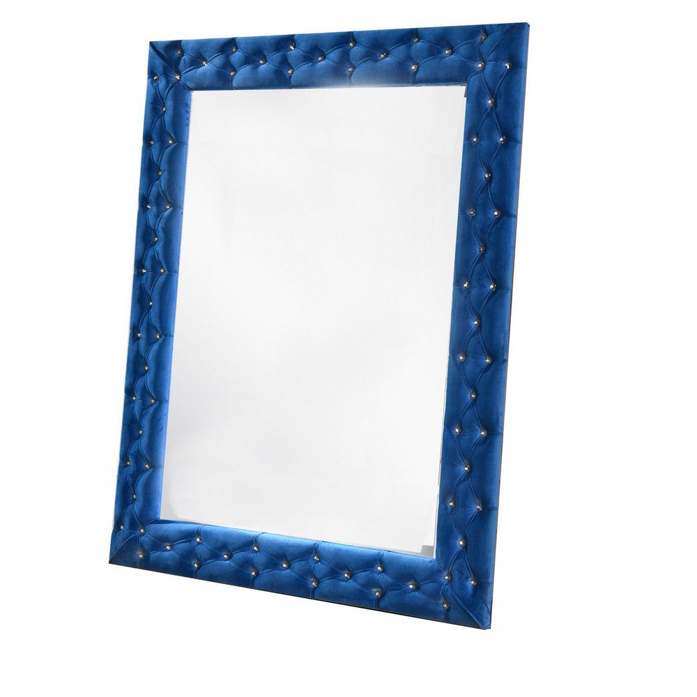 Velvet Wrapped Wooden Frame Mirror with Button Tufting, Blue By Casagear Home