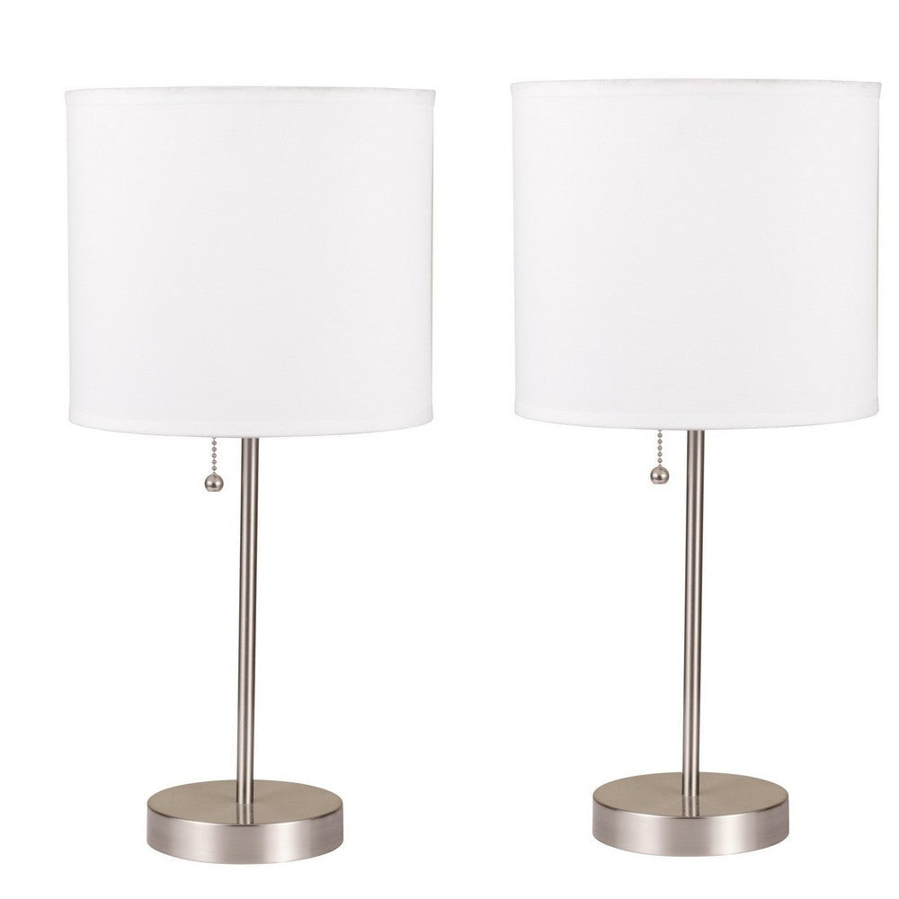 18.5 Inch Drum Shade Table Lamp, Set of 2, White and Silver By Casagear Home