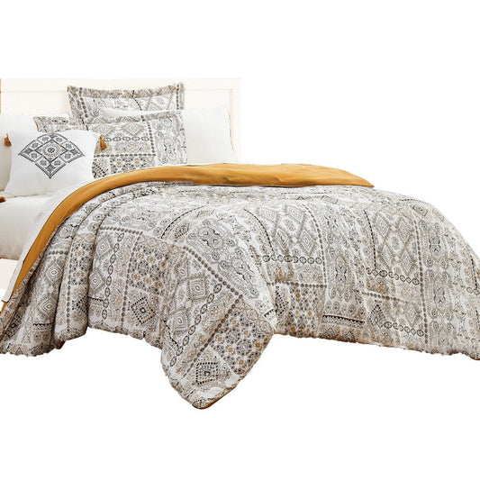 Chania 8 Piece King Bed Set with Tribal Print The Urban Port, White and Brown By Casagear Home