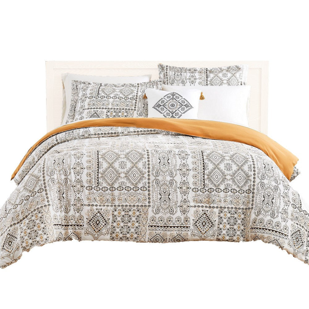 Chania 8 Piece King Bed Set with Tribal Print The Urban Port White and Brown By Casagear Home BM231773