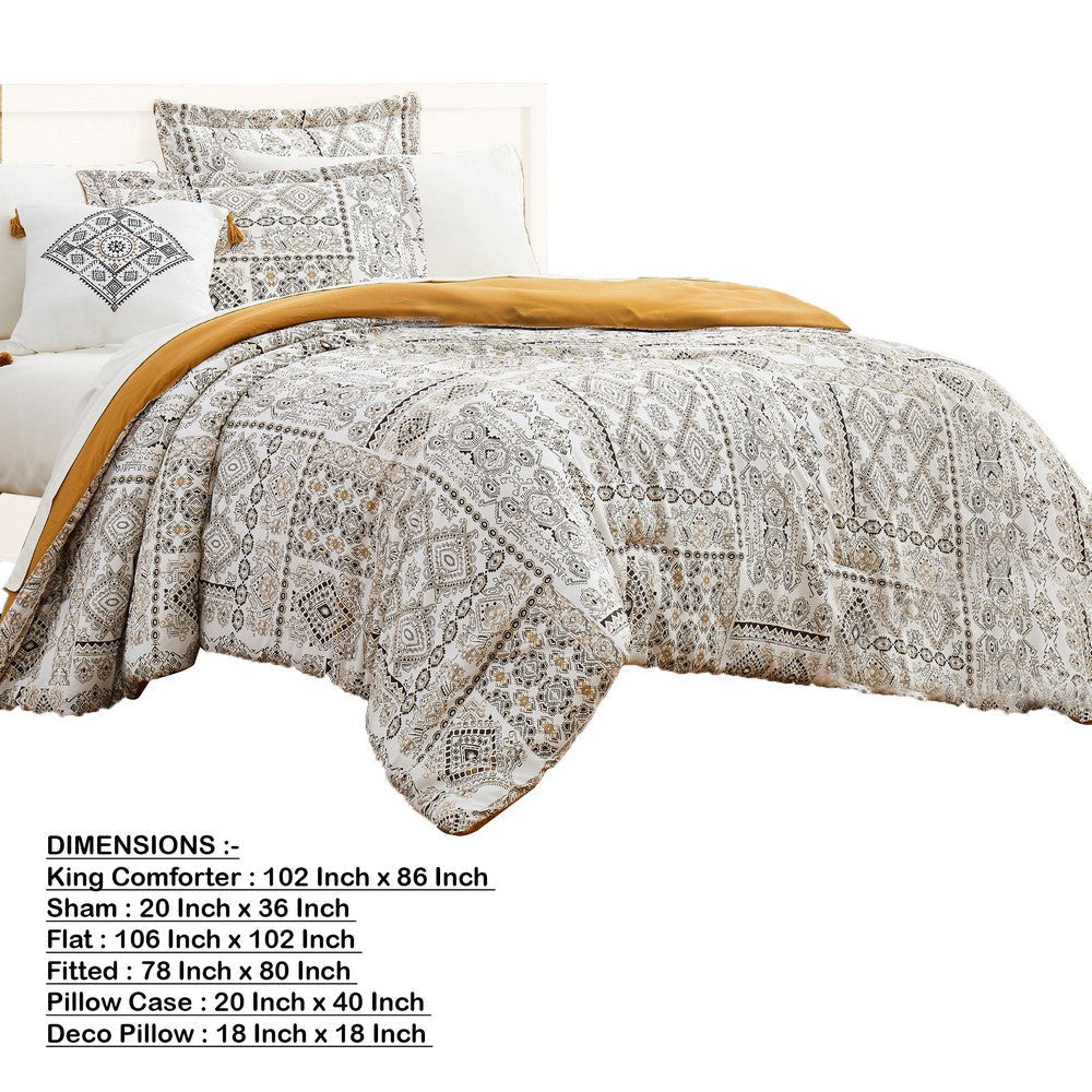 Chania 8 Piece King Bed Set with Tribal Print The Urban Port White and Brown By Casagear Home BM231773