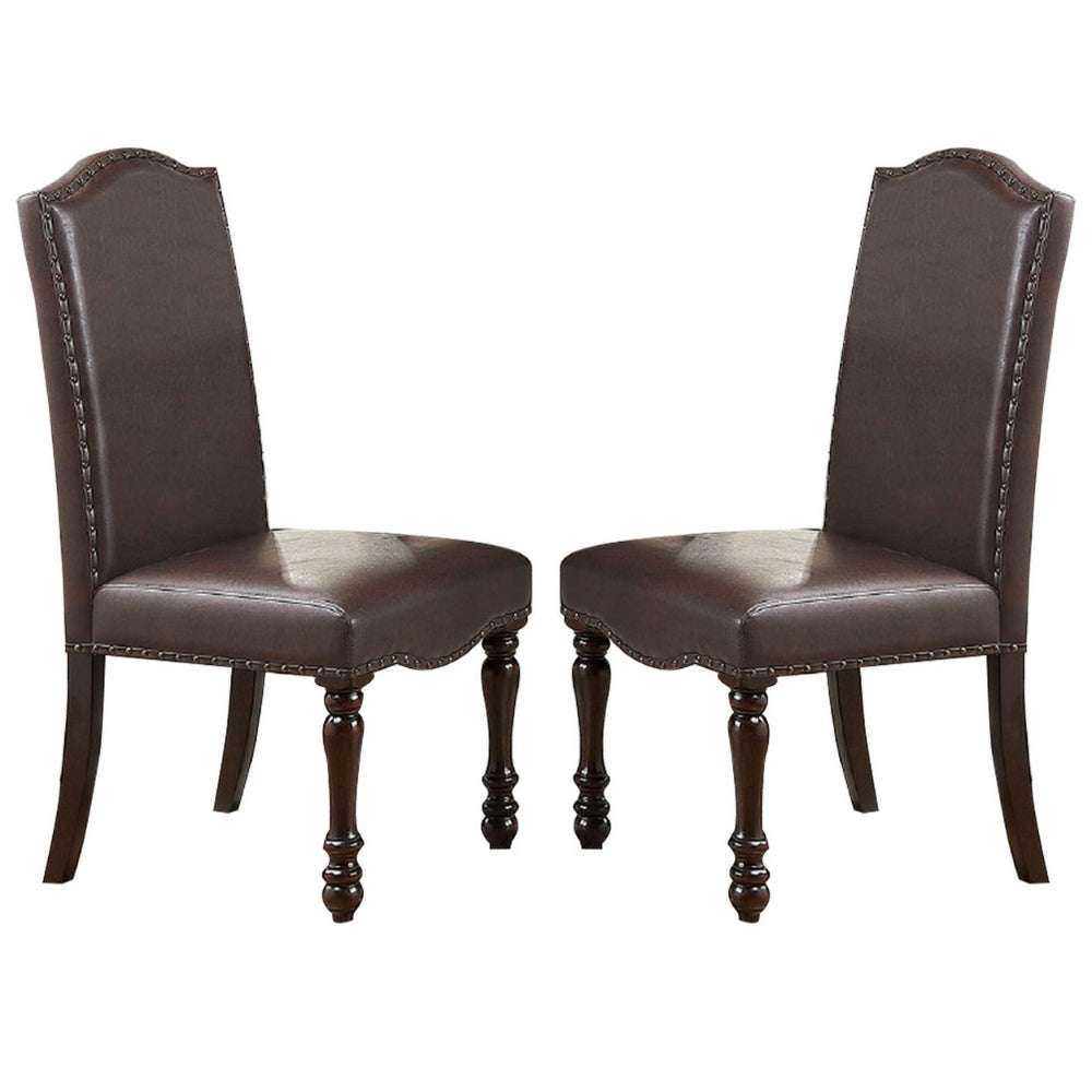 Nailhead Trim Faux Leather Dining Chair with Turned Legs Set of 2 Brown By Casagear Home BM231843