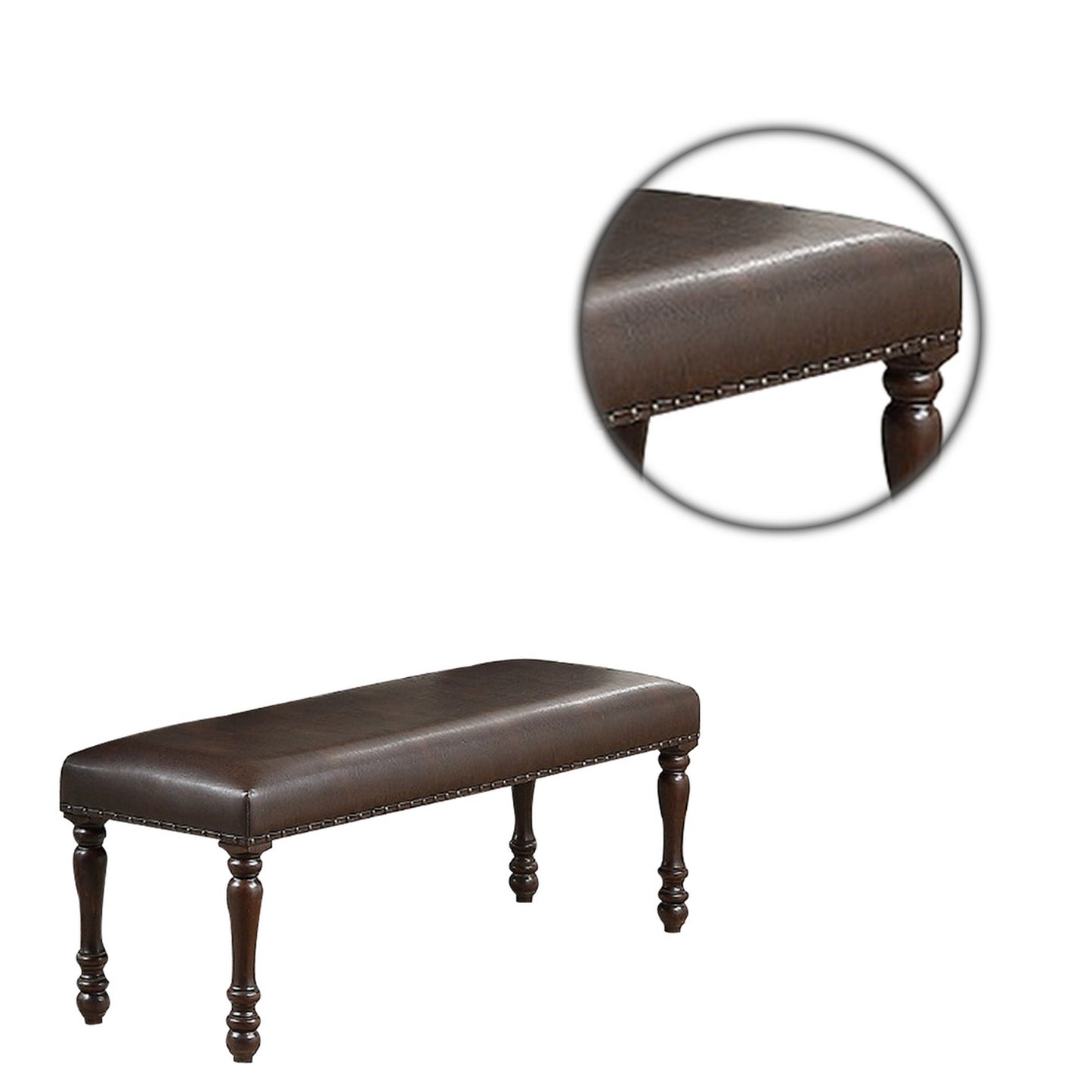 Nailhead Trim Faux Leather Dining Bench with Turned Legs Brown By Casagear Home BM231844