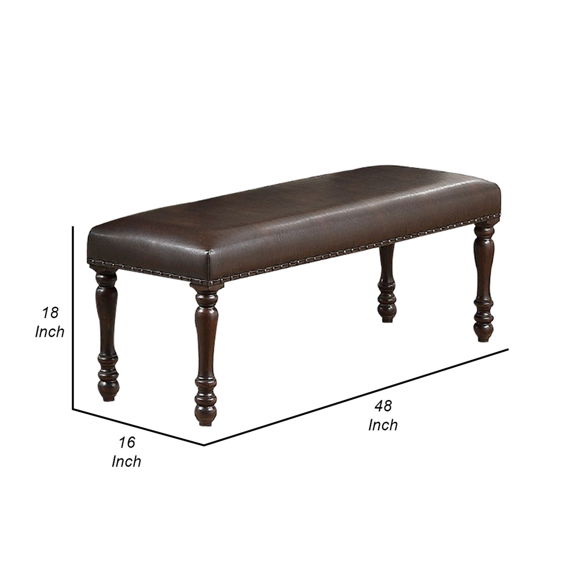 Nailhead Trim Faux Leather Dining Bench with Turned Legs Brown By Casagear Home BM231844