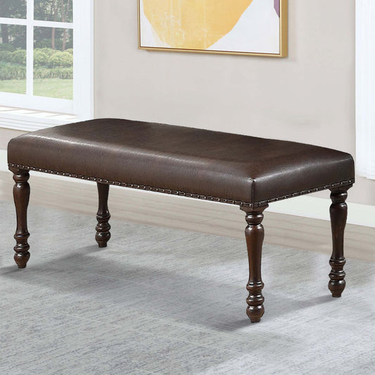 Nailhead Trim Faux Leather Dining Bench with Turned Legs, Brown By Casagear Home