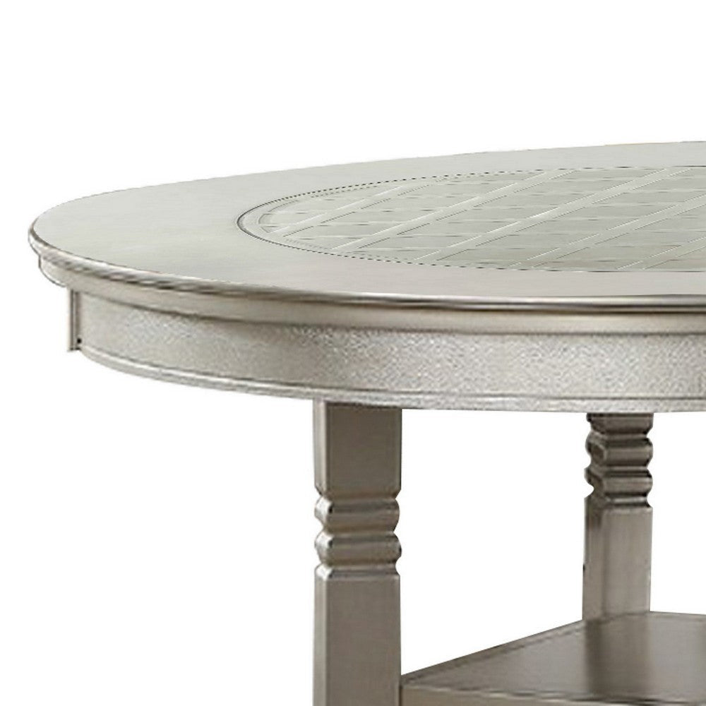 Round Wooden Dining Table with Glass Inserted Top Champagne Silver By Casagear Home BM231851