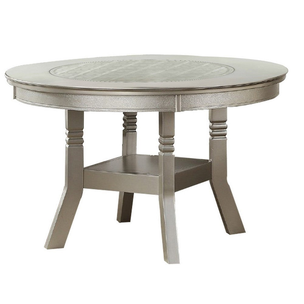 Round Wooden Dining Table with Glass Inserted Top, Champagne Silver By Casagear Home