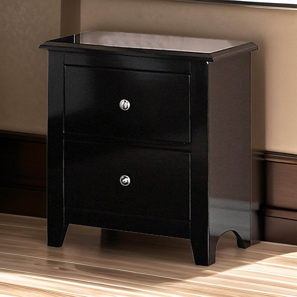 2 Drawer Wooden Nightstand with Metal Knobs, Espresso Brown By Casagear Home