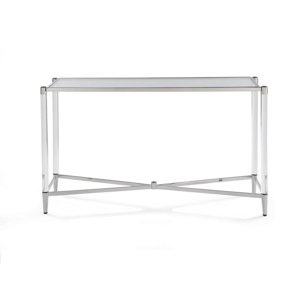 52 Inches Glass Top Console Table with Acrylic Legs Clear and Chrome By Casagear Home BM231901