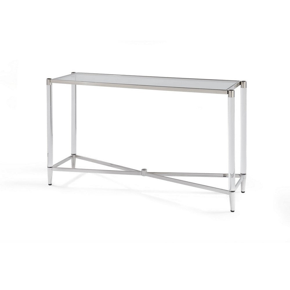 52 Inches Glass Top Console Table with Acrylic Legs, Clear and Chrome By Casagear Home