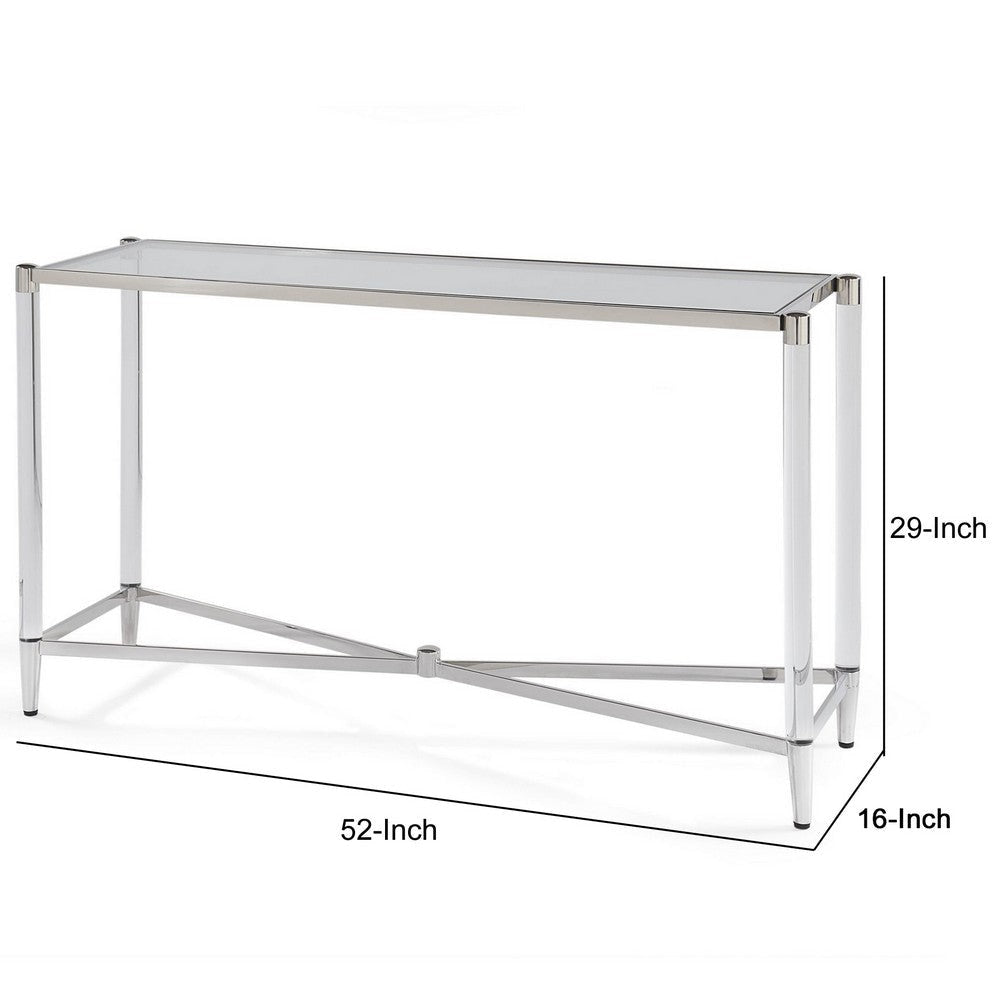 52 Inches Glass Top Console Table with Acrylic Legs Clear and Chrome By Casagear Home BM231901