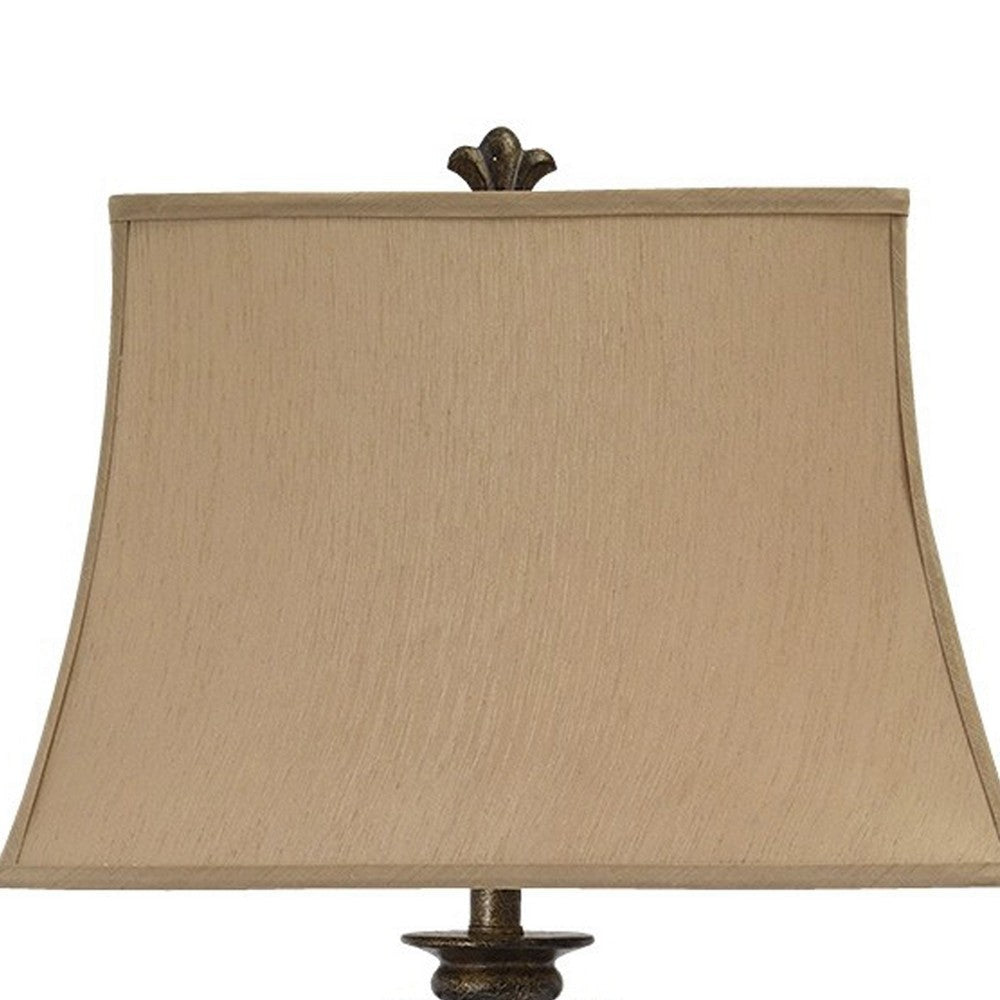 Bell Shape Fabric Shade Table Lamp with Floral Metal Base Beige and Bronze By Casagear Home BM231943