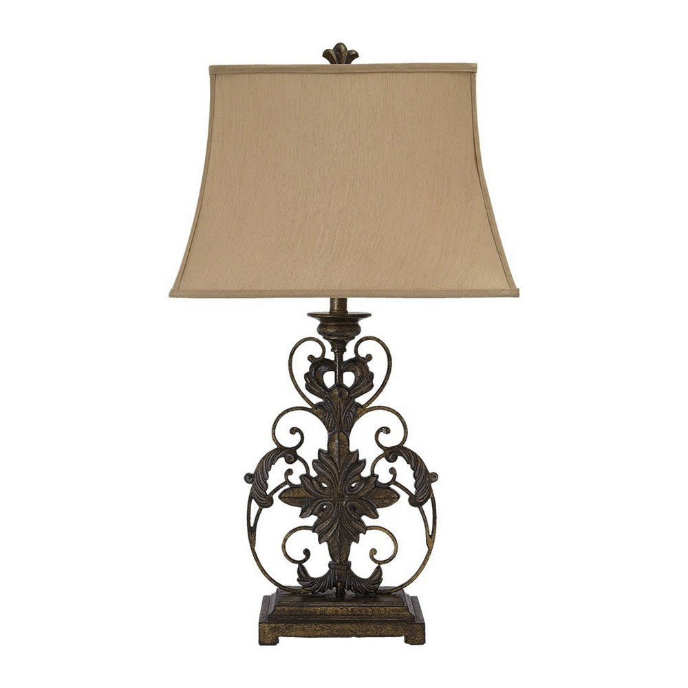 Bell Shape Fabric Shade Table Lamp with Floral Metal Base, Beige and Bronze By Casagear Home