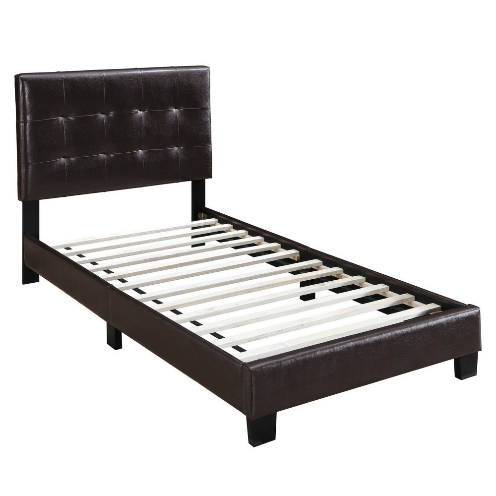 Twin Leatherette Bed with Checkered Tufted Headboard Dark Brown By Casagear Home BM232010