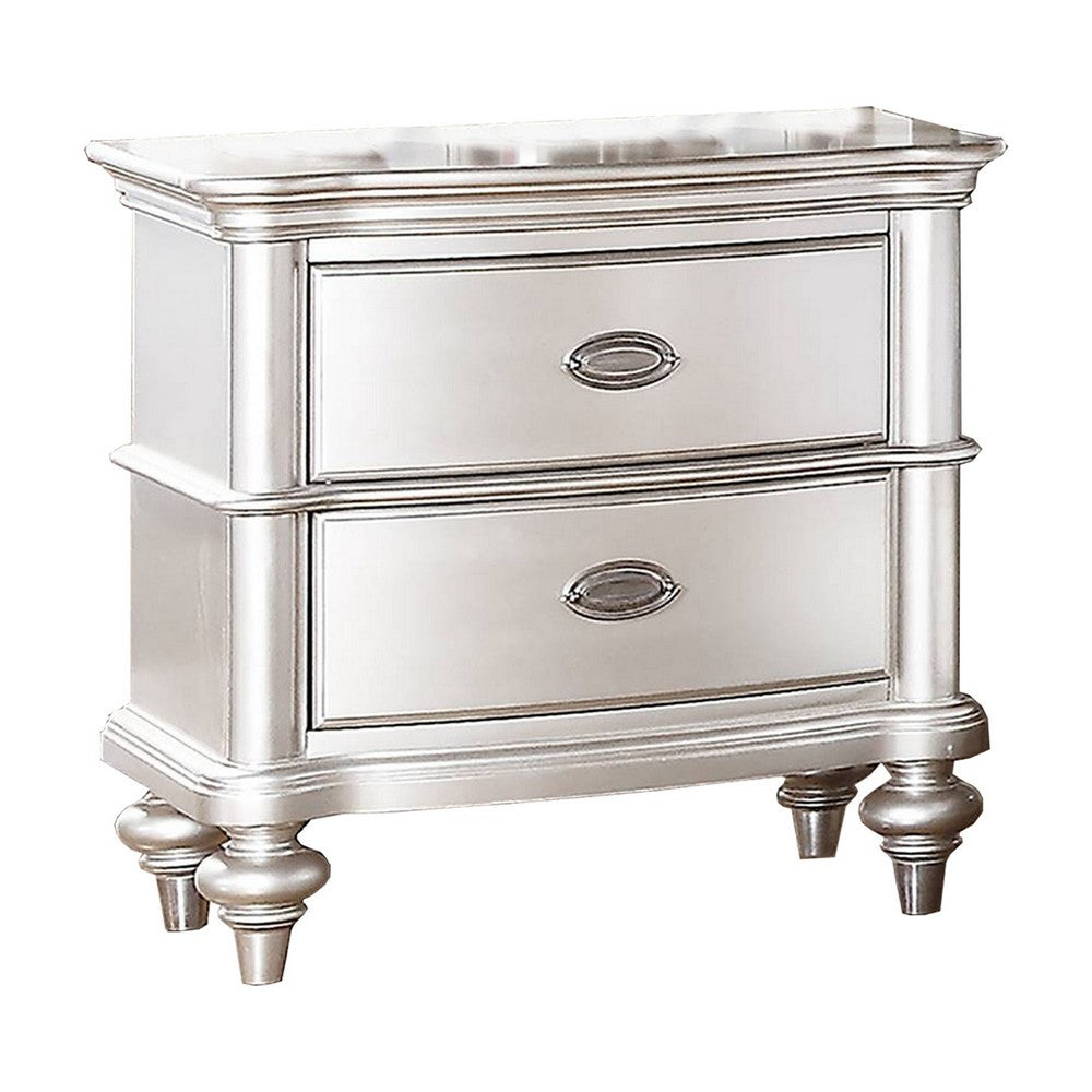 28 Inches 2 Drawer Wooden Nightstand with Turned Legs Silver By Casagear Home BM232110