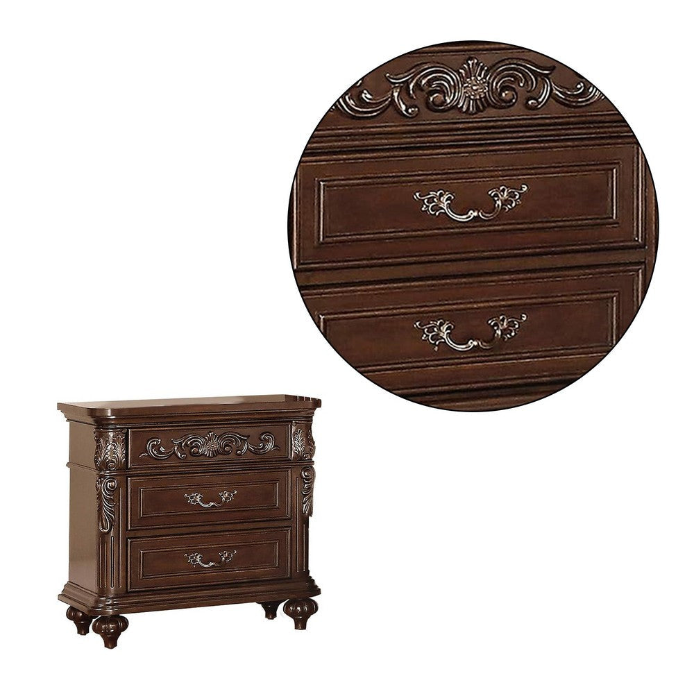 30 Inches 3 Drawer Engraved Wooden Nightstand Brown By Casagear Home BM232130