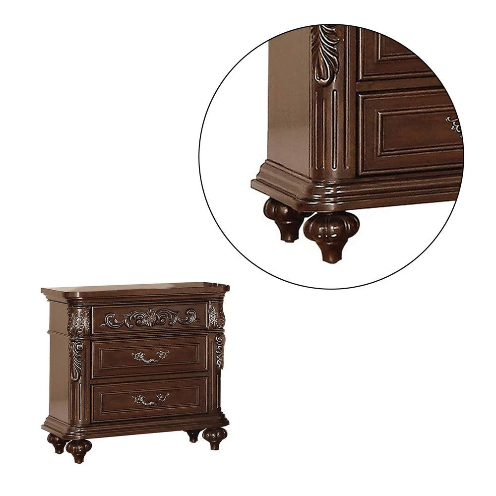 30 Inches 3 Drawer Engraved Wooden Nightstand Brown By Casagear Home BM232130