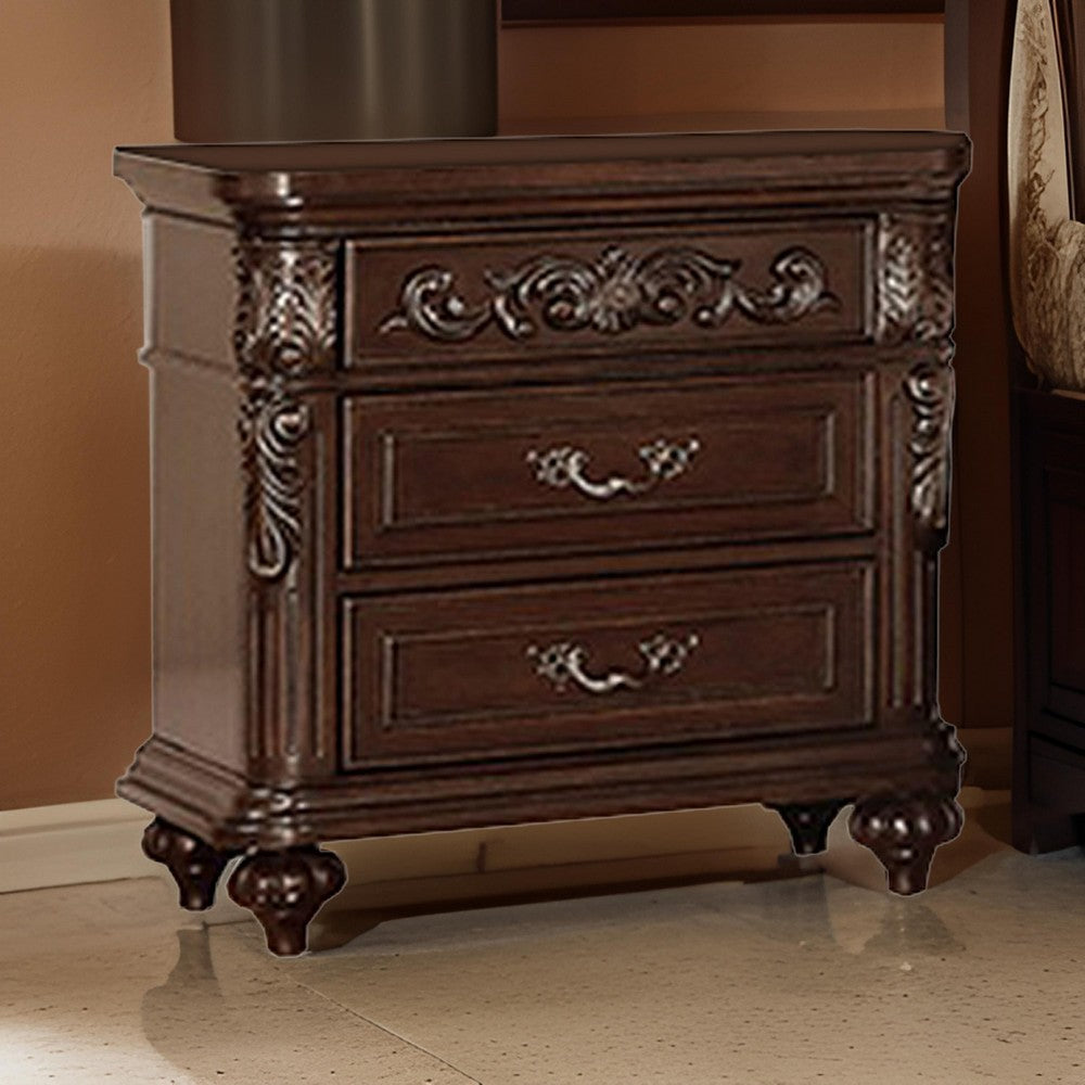 30 Inches 3 Drawer Engraved Wooden Nightstand, Brown By Casagear Home